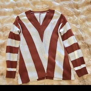 Striped V-Neck Sweater - Burnt Orange and White